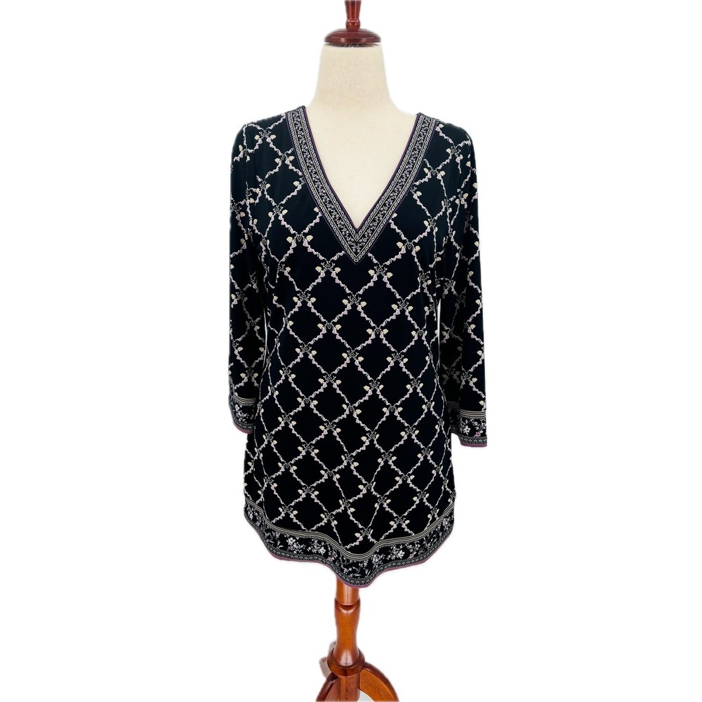 White House Black Market Tunic Top Womens Large Black Trellis Floral V-Neck L